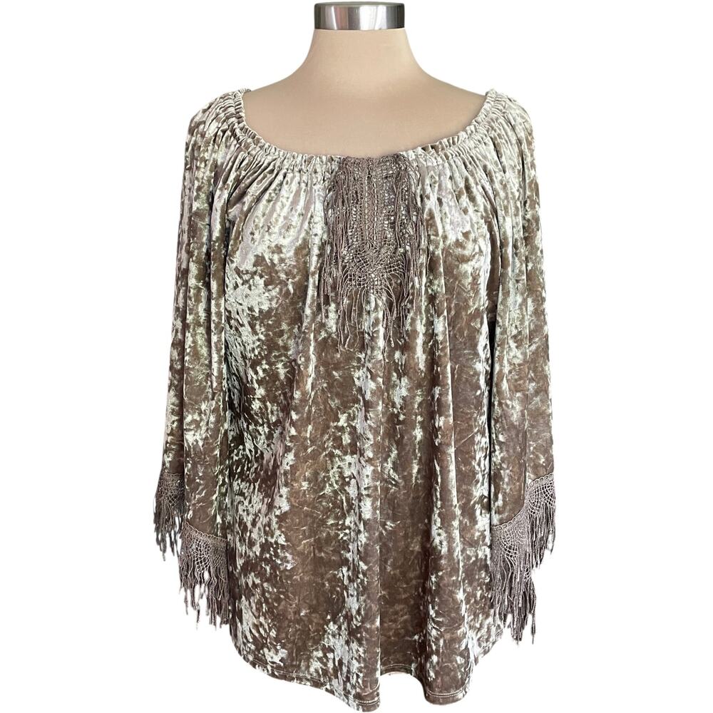Melissa Paige Light Brown Velvet Boho Top Fringe Flare Sleeves Sz LG Gypsy Glam